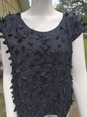 Talbots Black Petite Short Sleeve Top with Textured Petal Detail